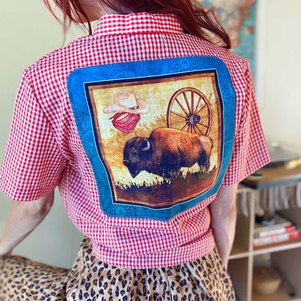 Upcycled Vintage Red & White Plaid Button Down Shirt W/ Custom Embroidery